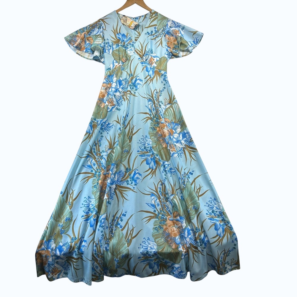 Vintage 70s Steven Wayne Floral Maxi Dress 12 Boho Cottagecore Flutter Sleeve